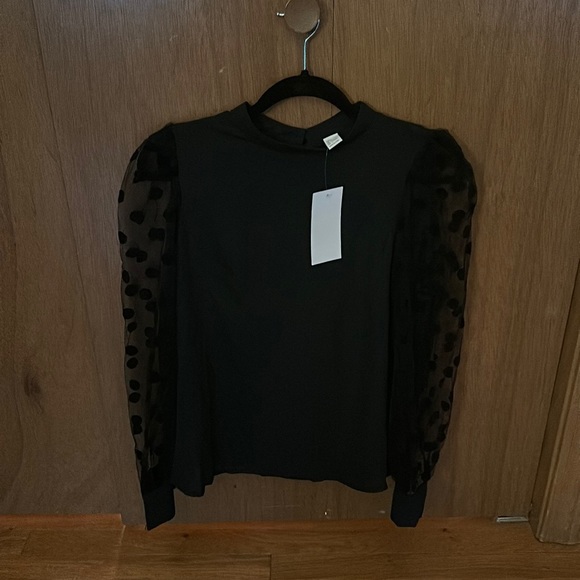 Long sleeve black blouse with sheer velvet polka dot on sleeves - Picture 2 of 4